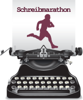 Eine Schreibmaschine, in der ein Blatt eingespannt ist. Darauf ist die Silhouette eines rennenden Mannes zu sehen. Über ihm steht das Wort "Schreibmarathon"