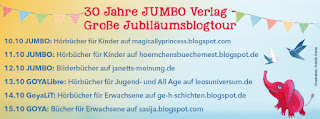 Banner zur Blogtour: Mit dem Schriftzug:  "30 Jahre JUMBO Verlag. Große Jubiläums- Blogtour." Mit allen verlinkten Teilnehmerinnen.  Die Links zu den Kanälen findet ihr im Artikel.  In der rechten unteren Ecke seht ihr das  Maskottchen des Verlages: Den Elifant.