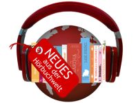 Ein Kopfhörer zwischen dem Hörbücher klemmen. Davor ist ein Schild auf dem "Neues aus der Hörbuchwelt" steht.