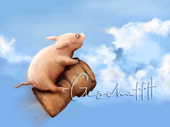 Ein Schwein, das auf einem Sektkorkend sitzend in der Luft fliegt. 
