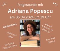 Adriana Popescus aktuelle Profilbild auf Social Media. Um das Profilbild herum stehen verschiedene Buchtitel der Autorin. 
